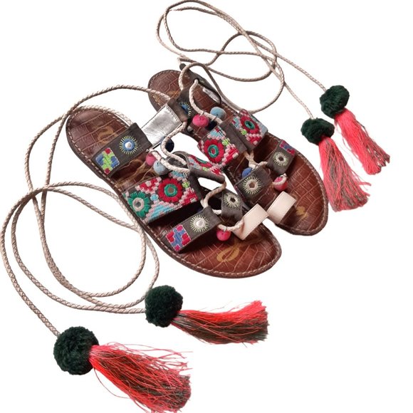 Sam Edelman Gretchen Boho Tassel Ankle Wrap Sandals SZ 8 - Picture 7 of 9